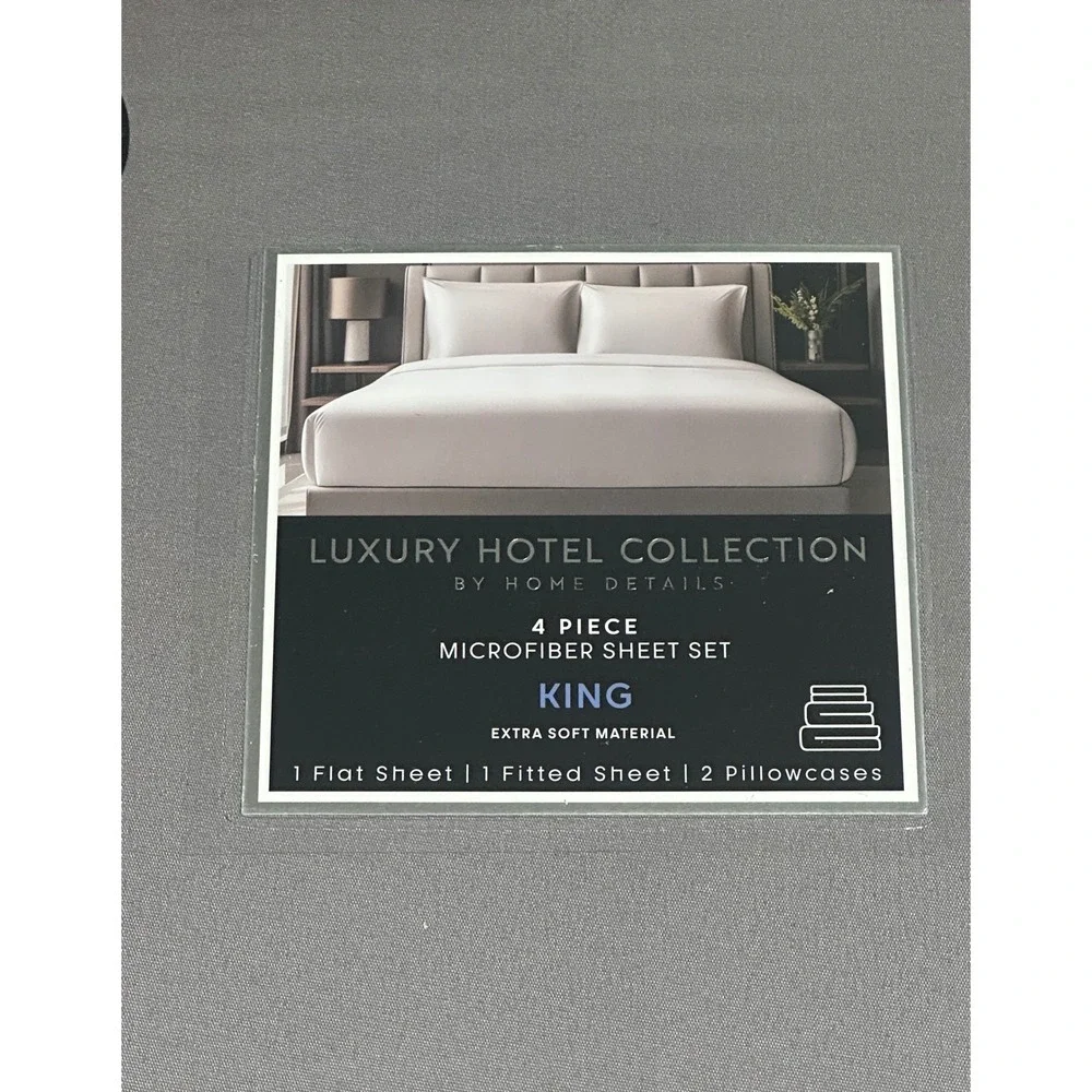 NWT, Luxury Hotel Collection 4 Piece Microfiber Sheet Set King Grey